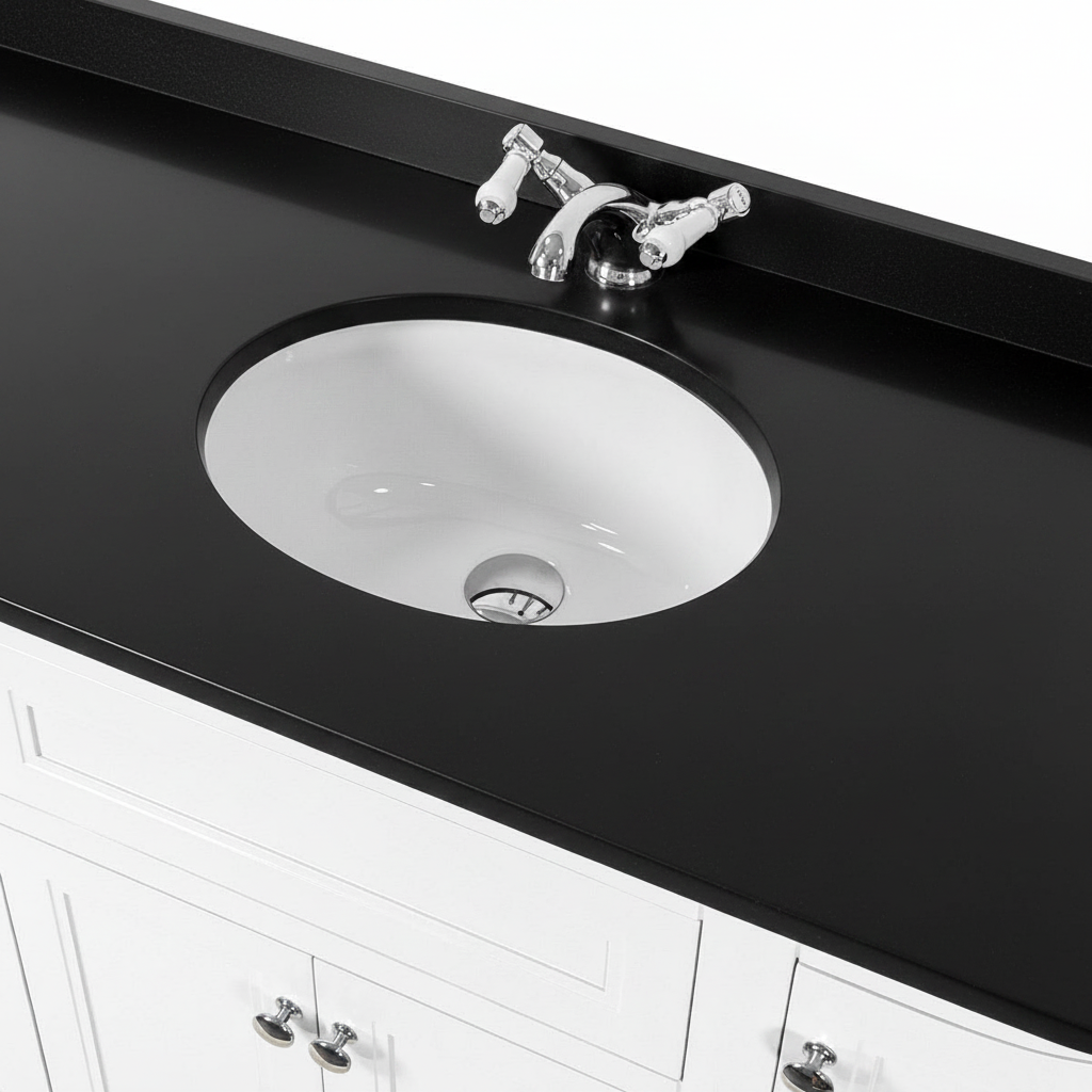 Kingsbury Classic Curved 1200mm Floor Standing Vanity Unit, Black Worktop &amp; Ceramic Basin - White
