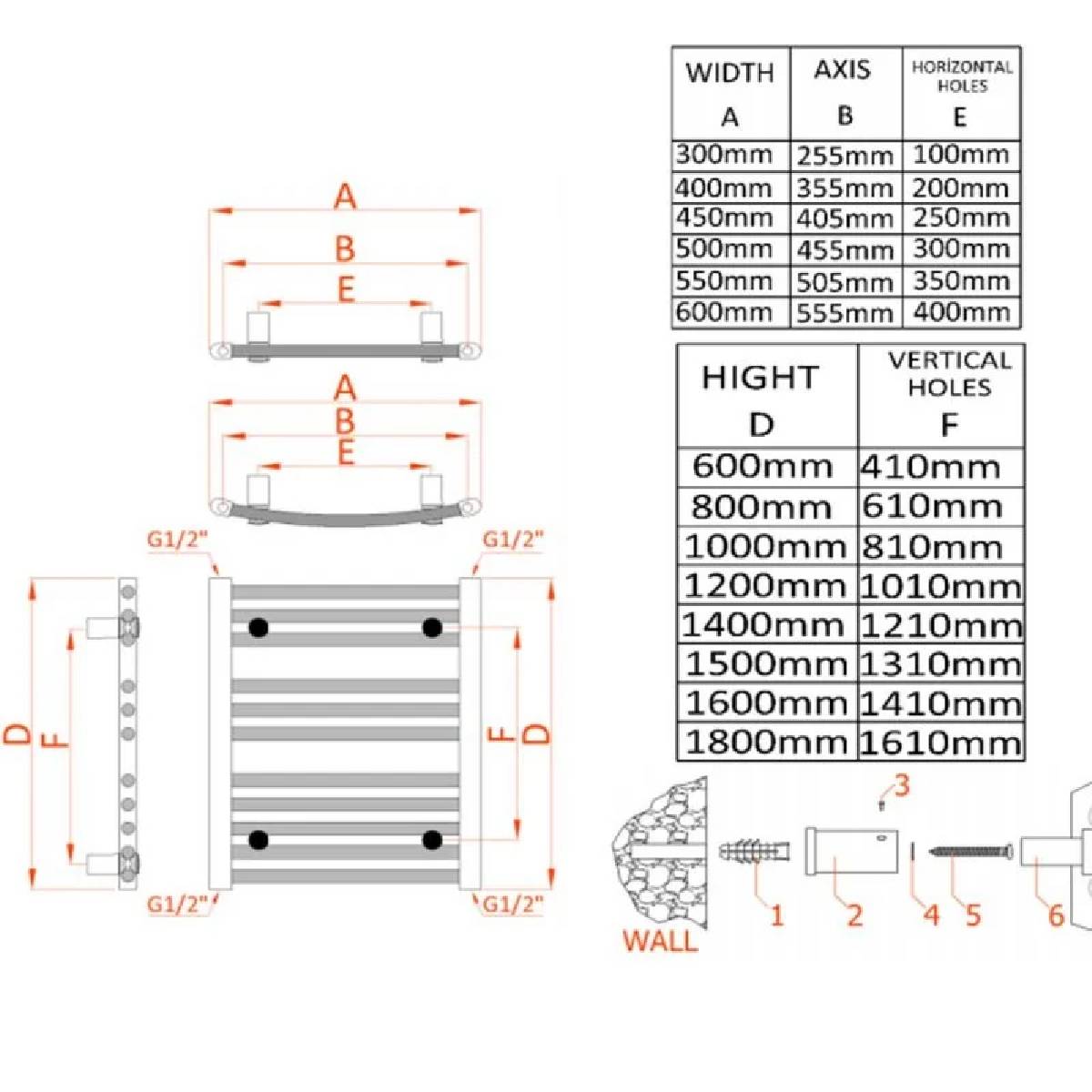 Reina Diva Straight 1200 x 600mm Heated Towel Rail - Chrome - Technical drawing