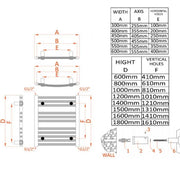 Reina Diva Straight 1200 x 600mm Heated Towel Rail - Chrome - Technical drawing