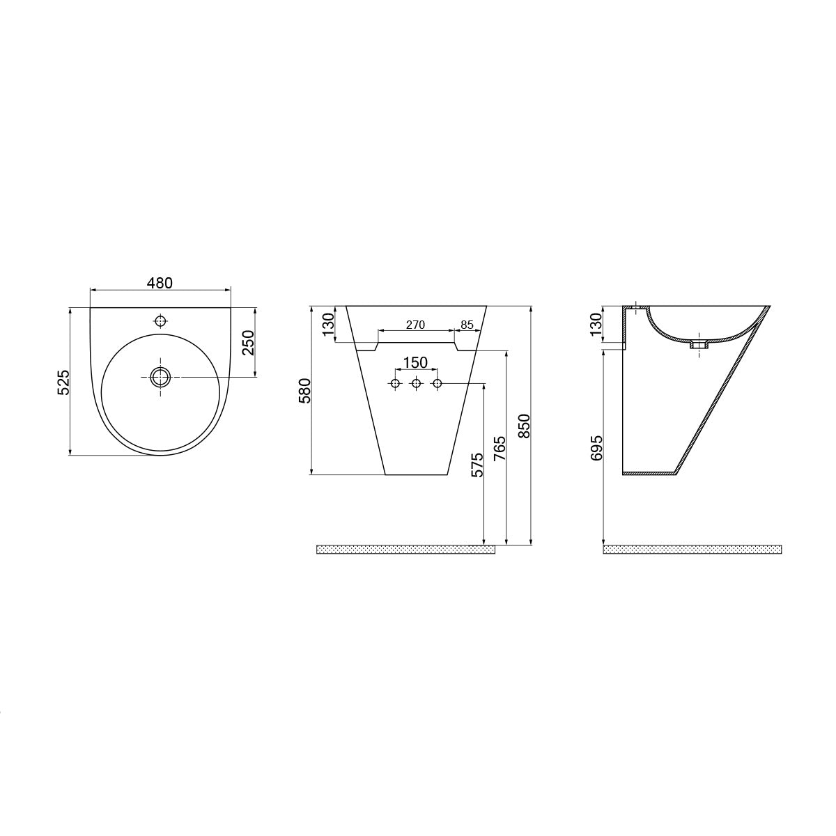 Garcia 480mm Wall Mounted Monoblock Basin - White - Technical drawing