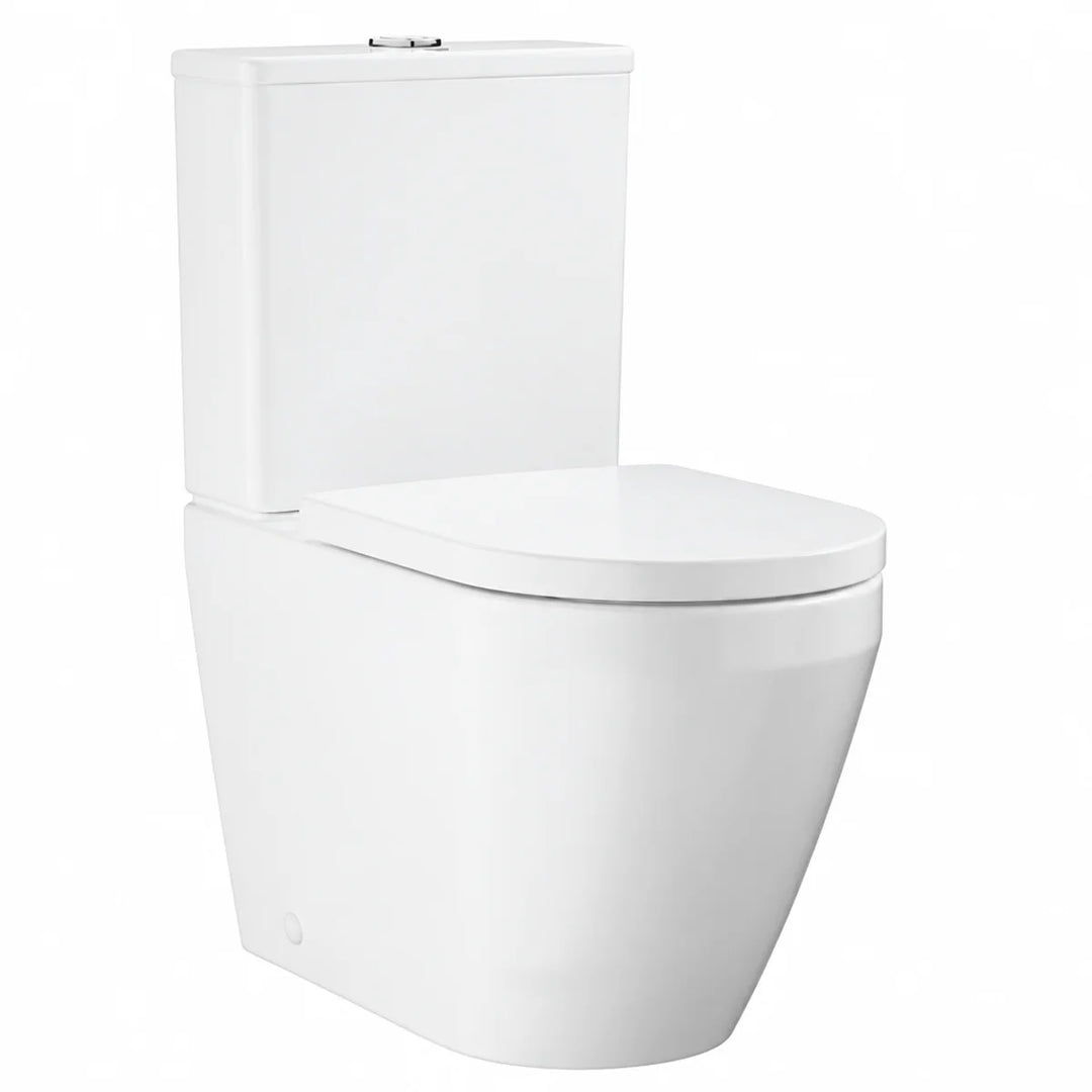 Grohe Euro Ceramic close coupled rimless toilet in white, three-quarter front view with slim seat