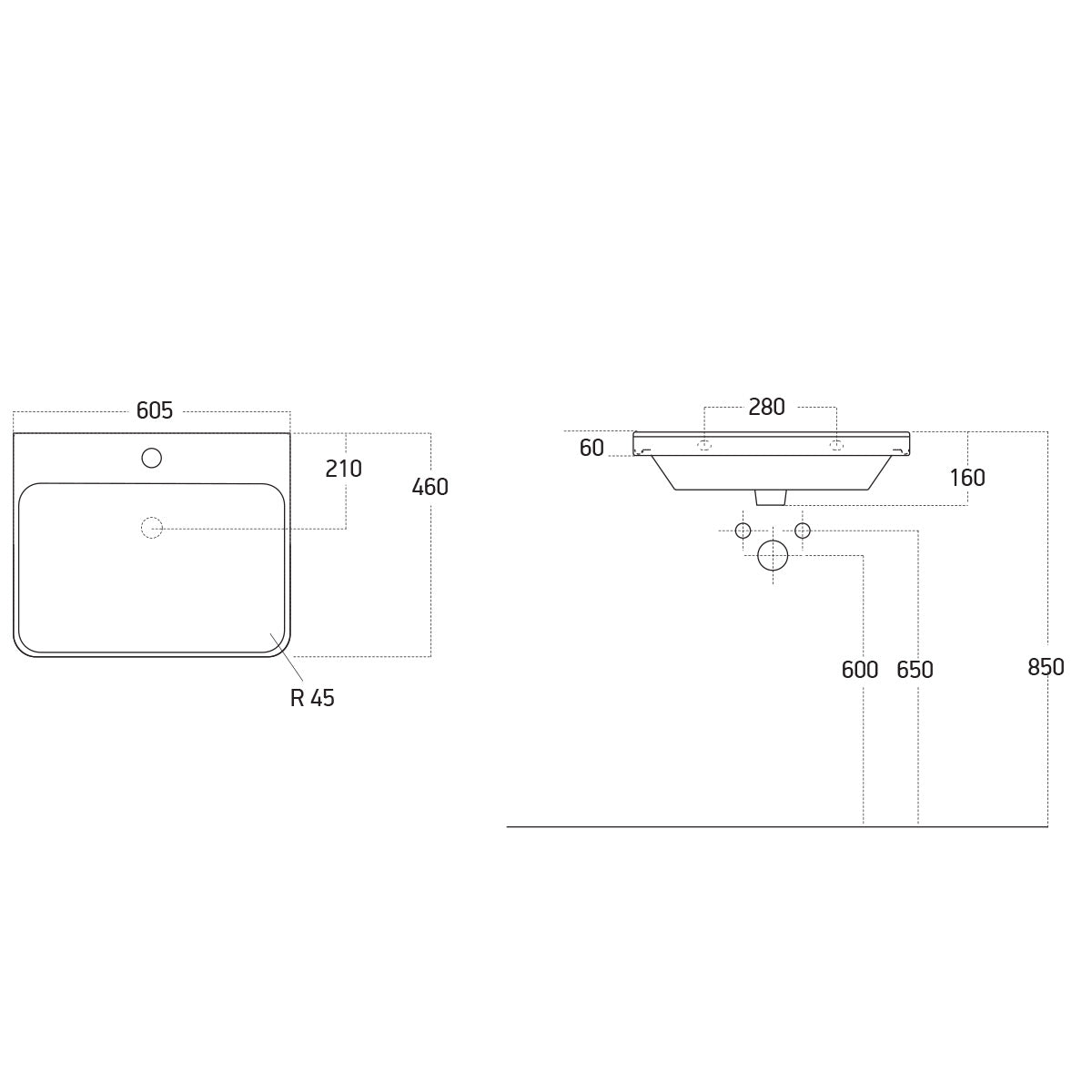 Luxury 600mm Ceramic Washbasin - Matt Latte - Technical drawing