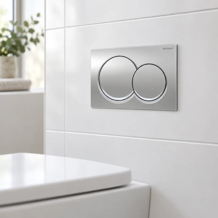 Geberit Alpha01 round dual flush plate in chrome, fitted to white wall tiles above a toilet in a bright bathroom