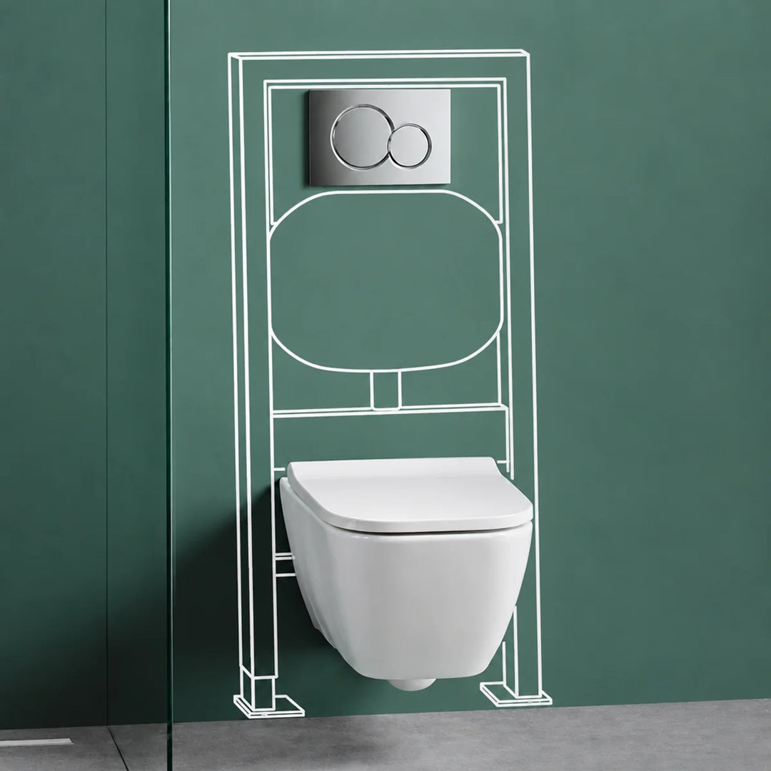 Geberit wall hung toilet pack with white outline drawing of the frame and cistern against a green wall, chrome flush plate above