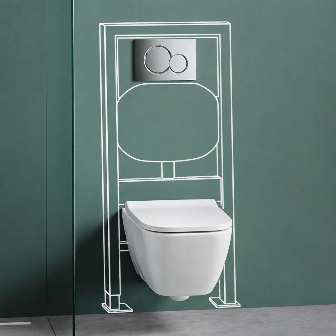 Geberit Smyle rimless wall-hung toilet with chrome Sigma flush plate, concealed frame diagram on green wall