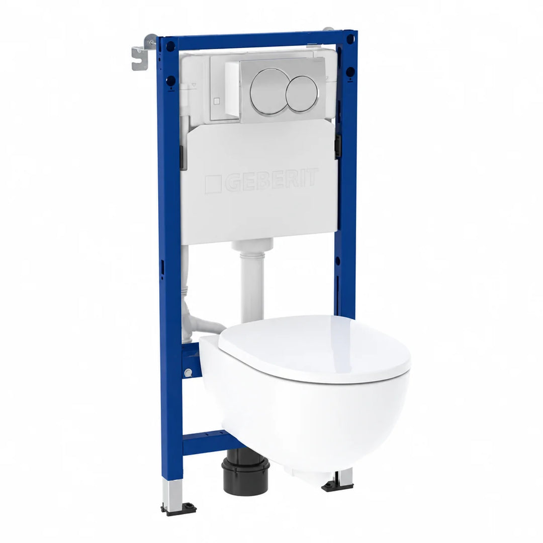 Geberit wall hung toilet pack with blue steel frame, white cistern, chrome dual flush plate and white rimless pan with seat, front angled view