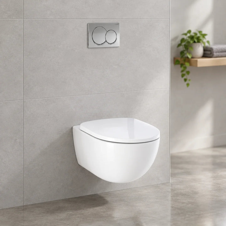 Geberit wall hung rimless toilet in white with soft close seat and chrome dual flush plate, shown against grey tiles in a bathroom