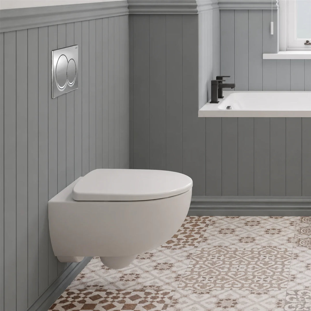 Geberit Selnova rimless wall hung toilet with soft close seat installed in a grey panelled bathroom with patterned floor tiles