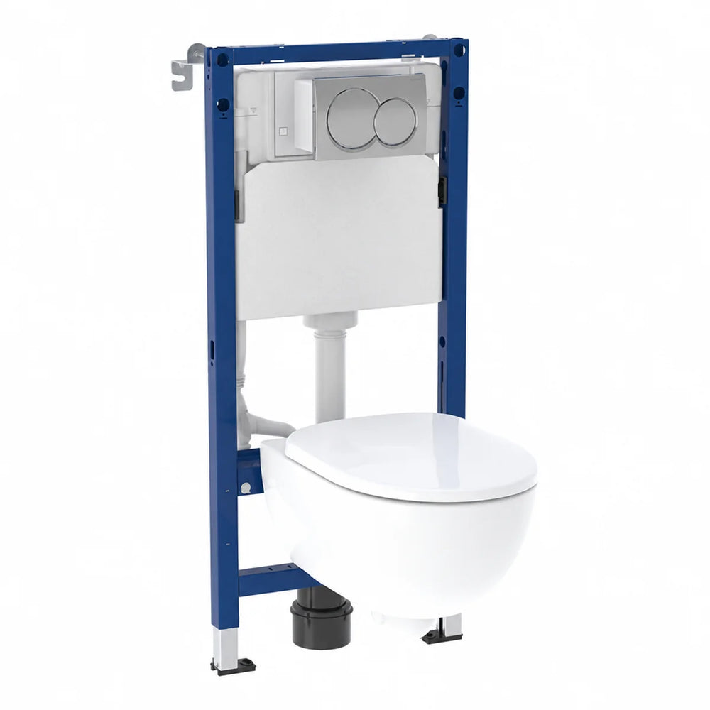 Geberit Selnova rimless wall hung toilet pack with blue steel frame and chrome dual-flush plate, angled view
