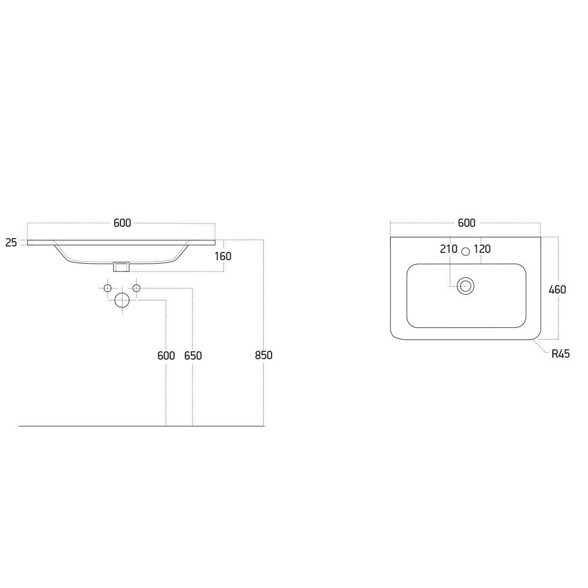 Urban 600mm Slim Ceramic Vanity Basin - White - Technical drawing