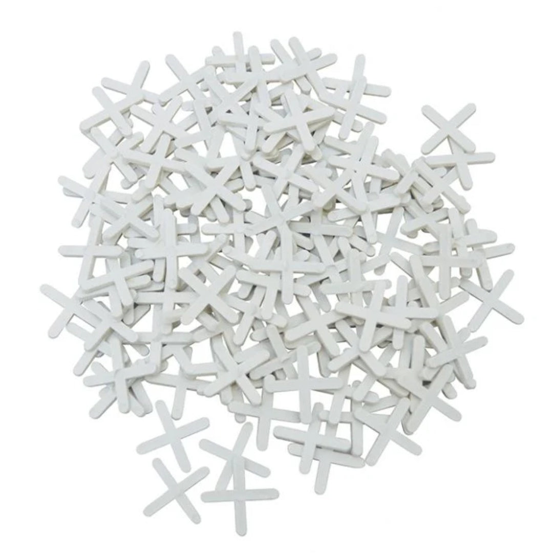 Forte 5mm cross tile spacers, pack of 100, designed to create consistent 5mm grout joints and ensure accurate tile alignment for wall and floor tiling projects.