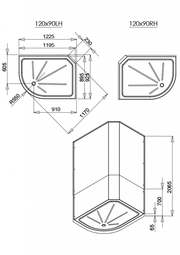 Neptune 1200 x 900mm Porcelain White Offset Quad Leak Free Shower Pod - Right Hand - Technical drawing