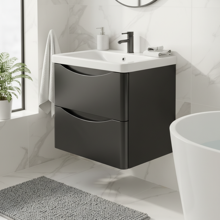 Athens 600mm Wall Hung Vanity Unit &amp; Basin - Matt Black