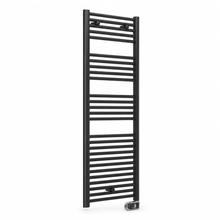 Essential Electric ERP heated towel rail in matt black, angled front view with chrome digital thermostat control at the bottom corner