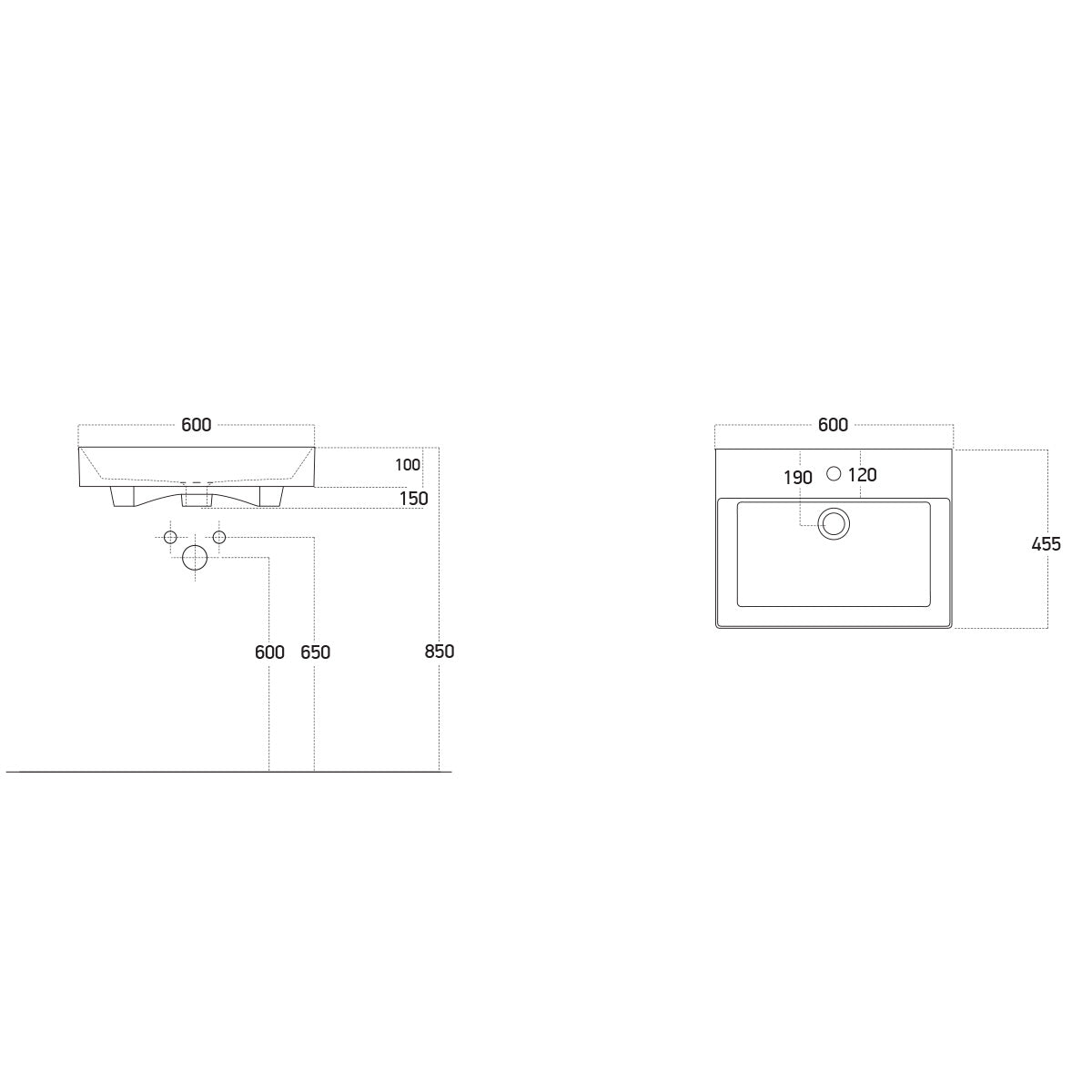 Stance 600mm Ceramic Vanity Basin - White - Technical drawing