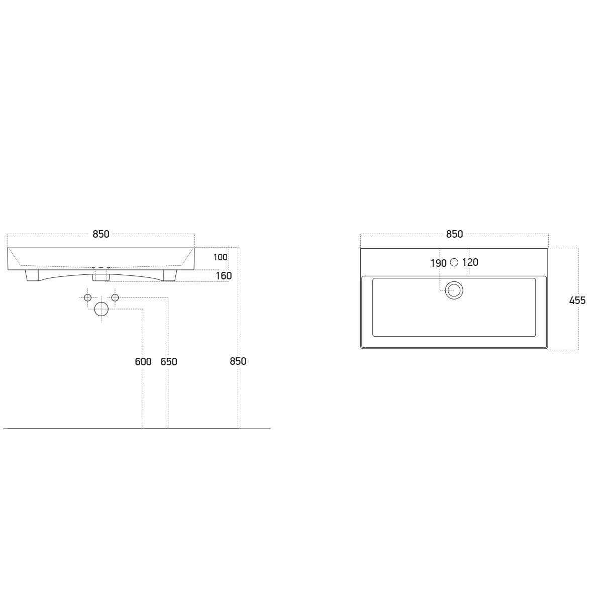 Stance 850mm Ceramic Vanity Basin - White - Technical drawing