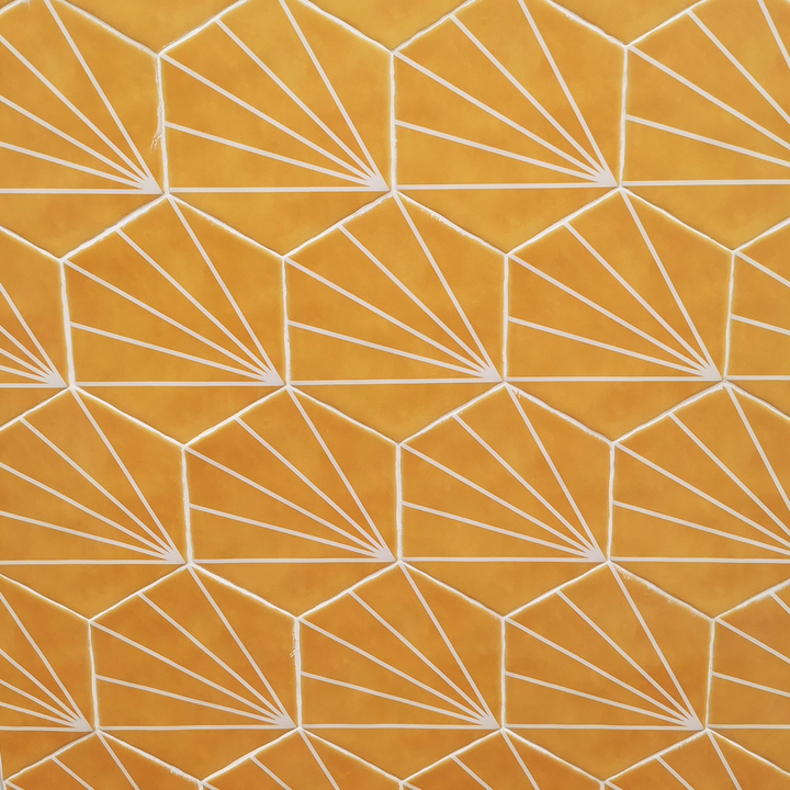 Palm Striped Hexagon Decor Mustard 15 x 17.5cm Porcelain Tile - 0.25sqm perbox