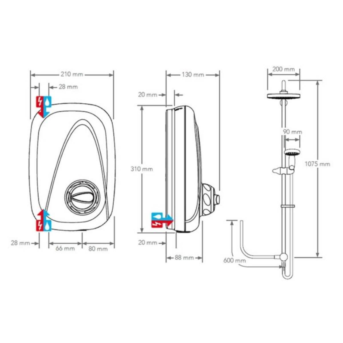 Mira Vigour Dual Thermostatic Power Shower - Technical drawing