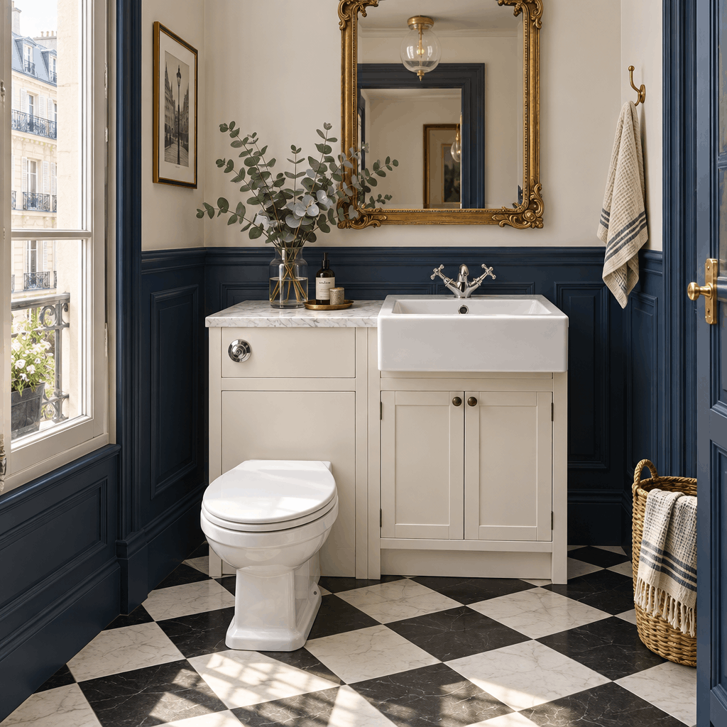 A styled bathroom interior featuring a white ceramic farmhouse sink vanity with a marble countertop, a white toilet, a gold-framed mirror, dark navy wainscoted walls, a black-and-white checkered floor, and decorative accents including a wicker basket and framed art.