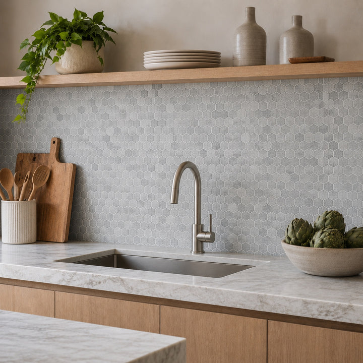 Hex Silver Matte Non Slip 30.1 x 29.0cm mosaic sheet featuring silver hexagon mosaic tiles, creating a contemporary kitchen splashback with a subtle stone-effect finish.