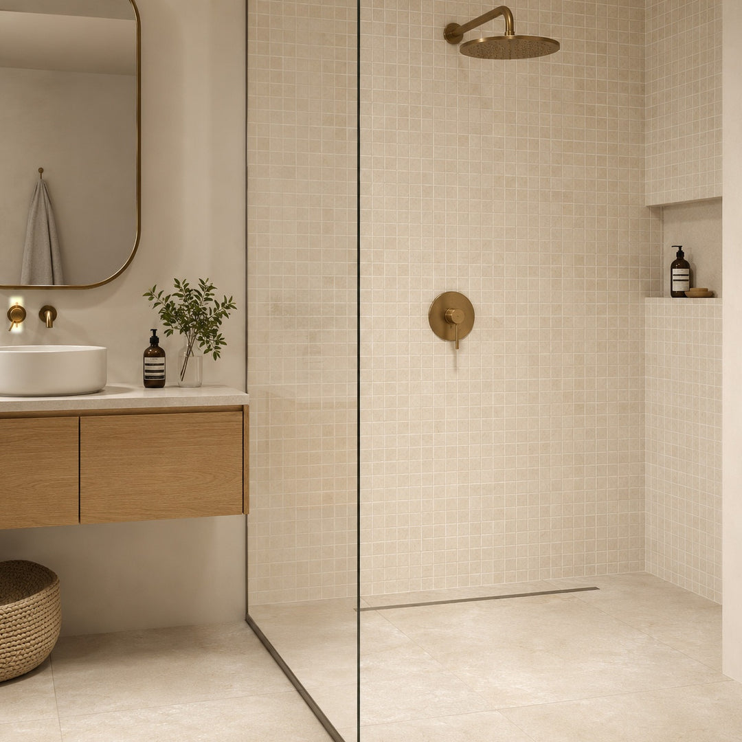 Penta Cream Matte Square Non Slip 31.1 x 31.1cm mosaic sheet featuring cream square mosaic tiles with a matte, slip-resistant finish, ideal for shower walls and wet room floors.