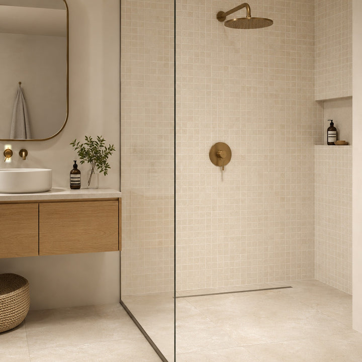 Penta Cream Matte Square Non Slip 31.1 x 31.1cm mosaic sheet featuring cream square mosaic tiles with a matte, slip-resistant finish, ideal for shower walls and wet room floors.