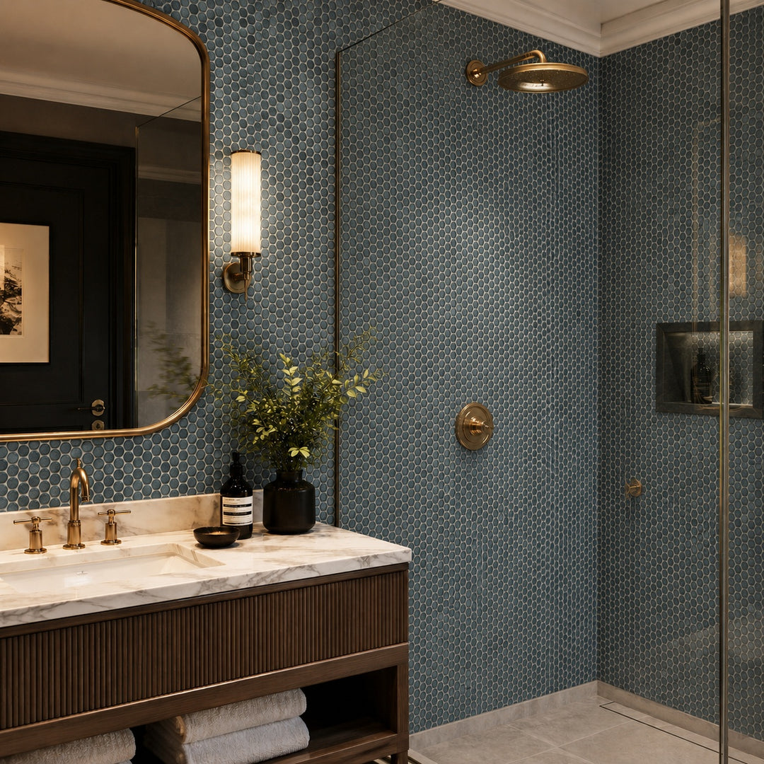 Penny Nordic Stone 28.6 x 28.6cm mosaic sheet featuring blue penny round mosaic tiles, creating a contemporary bathroom feature wall and walk-in shower.