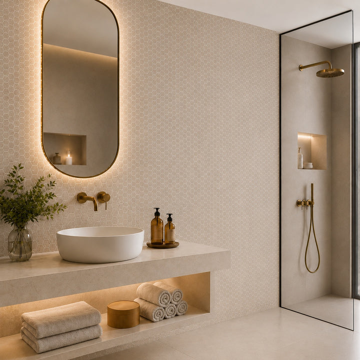 Penny Taupe Shiny 28.6 x 28.6cm mosaic sheet featuring glossy penny round tiles in a warm taupe finish, creating an elegant feature wall in a contemporary bathroom.