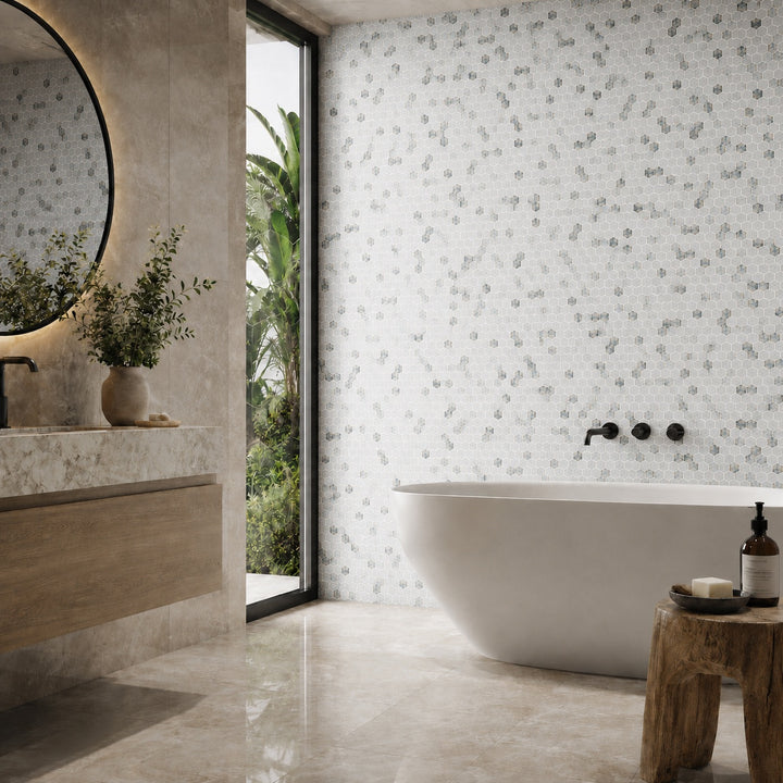 Hex XL Abuhna Matte 28.6 x 28.4cm mosaic sheet featuring white and blue marble-effect hexagon mosaic tiles, creating a contemporary luxury bathroom feature wall.