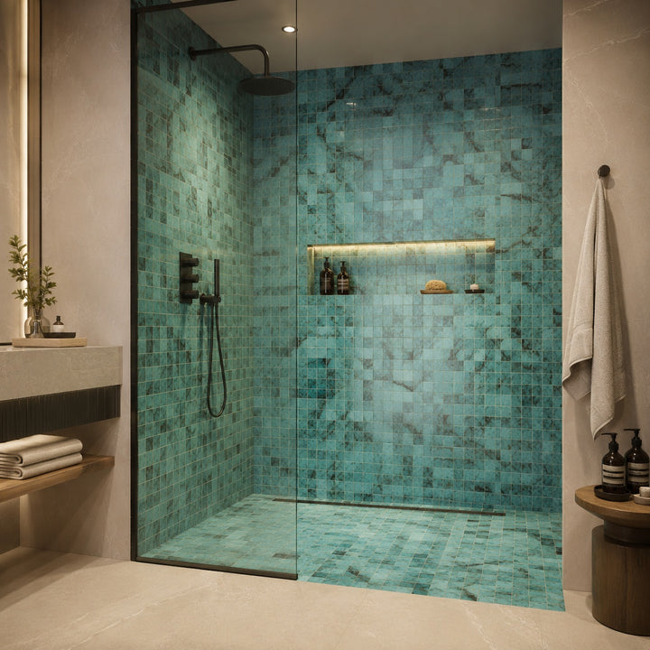 Penta Bora Luminis 31.1 x 31.1cm mosaic sheet featuring turquoise marble-effect mosaic tiles.
