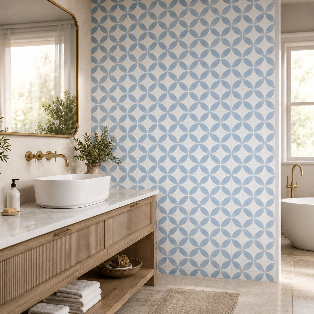 Penta Dahlia Alice Blue MS 31.1 x 31.1cm mosaic sheet featuring a soft blue and white floral geometric pattern, creating a bright contemporary bathroom feature wall.