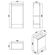 Halite Waterproof 400mm Floor Standing Vanity Unit & Basin - White - Technical drawing