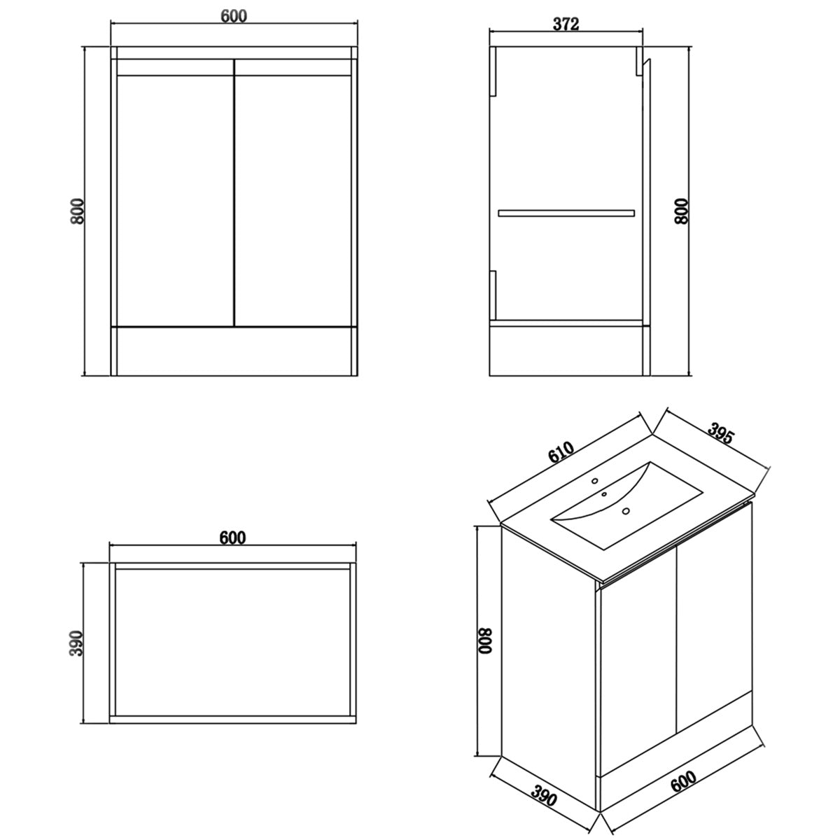 Halite Waterproof 600mm Floor Standing Vanity Unit & Basin - White - Technical drawing