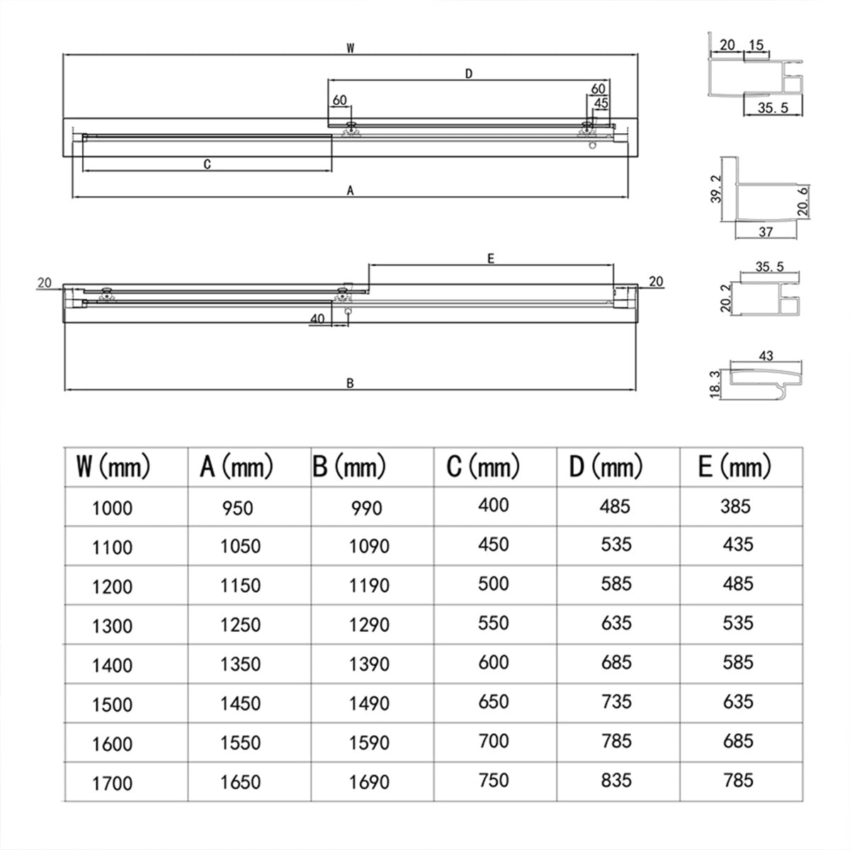 Kiimat Six 1000mm Sliding Shower Door - Black - Technical drawing