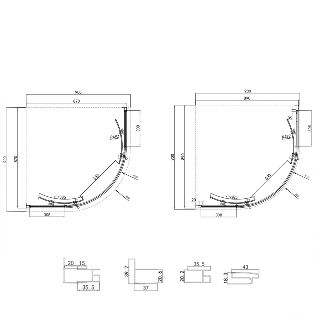 Kiimat Six 900mm Quadrant Shower Enclosure - Black - Technical drawing