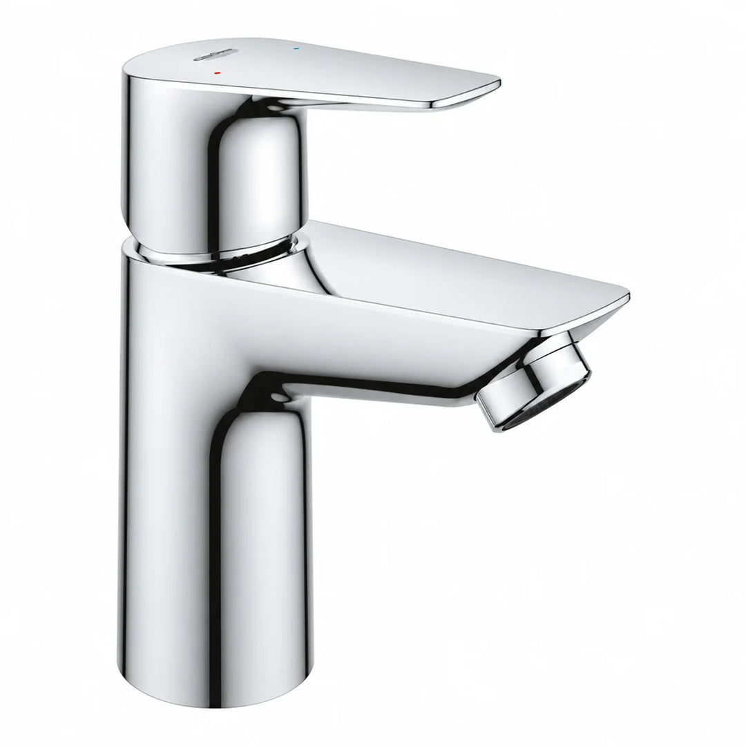 Grohe BauEdge basin mixer tap in polished chrome finish, angled three-quarter view
