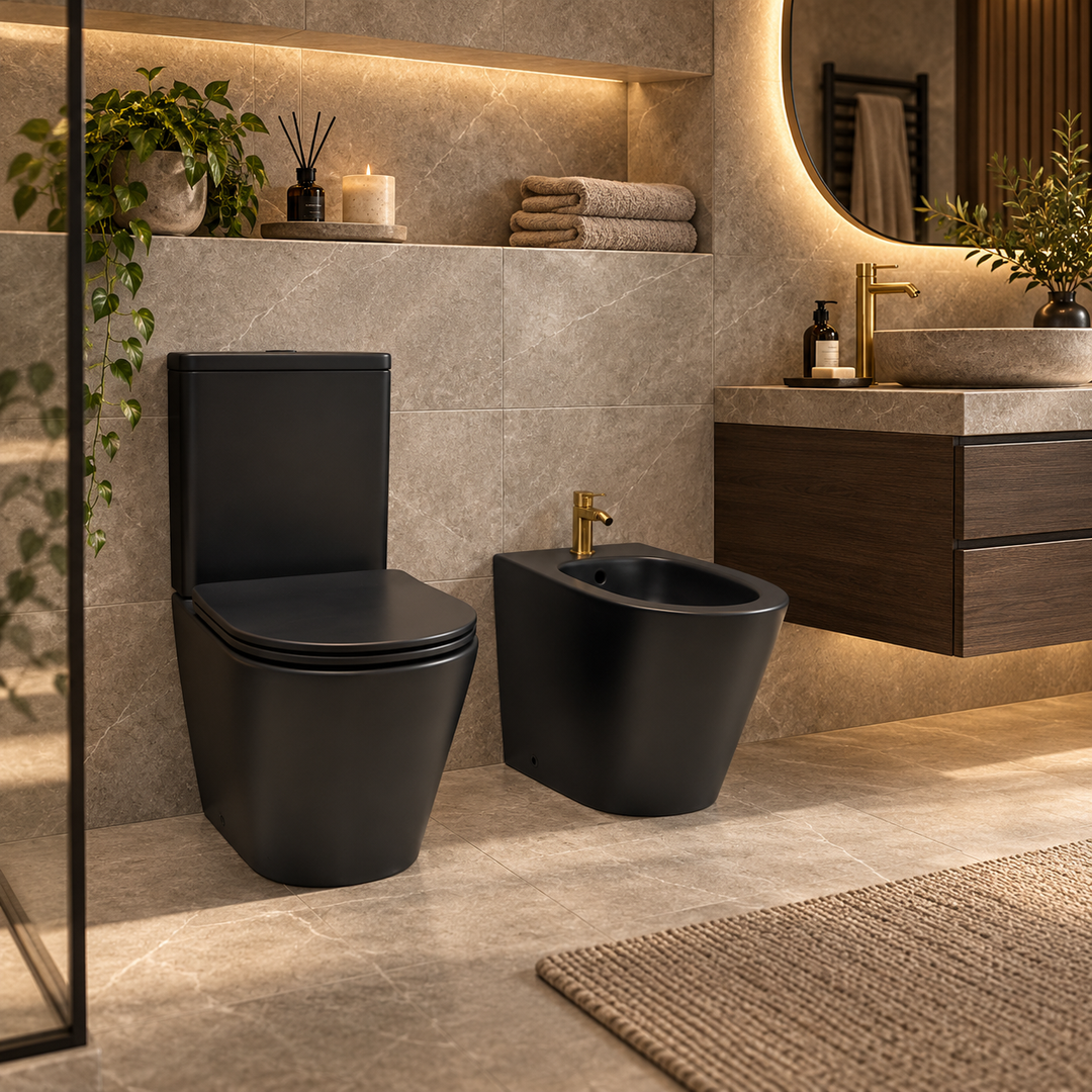 Arc Rimless Close Coupled Fully Back To Wall Toilet, Bidet &amp; Rak Brushed Gold Bidet Tap
