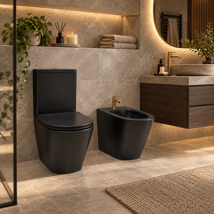Arc Rimless Close Coupled Fully Back To Wall Toilet, Bidet &amp; Rak Brushed Gold Bidet Tap