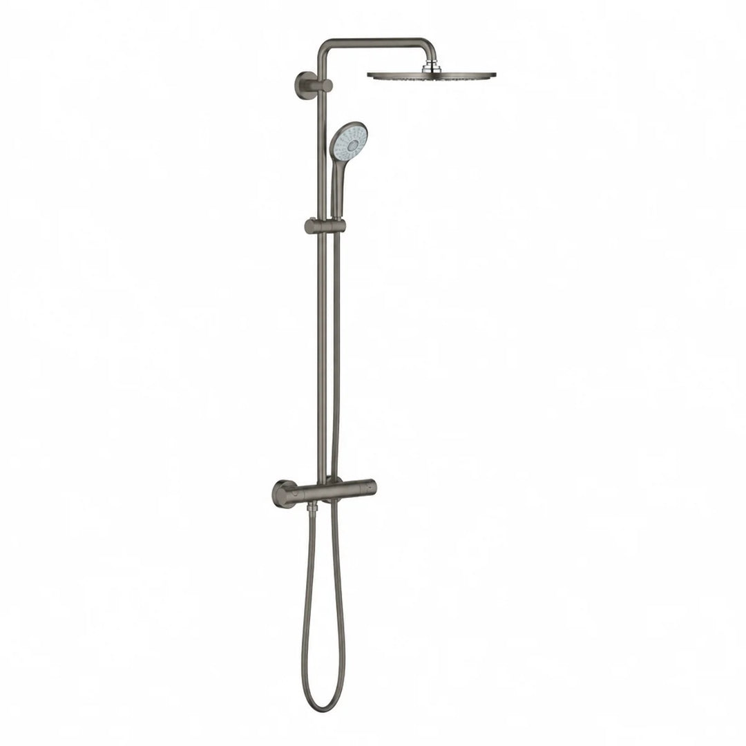 Grohe Euphoria 310 shower system in brushed hard graphite, front view with overhead rain head, hand shower and thermostatic bar valve