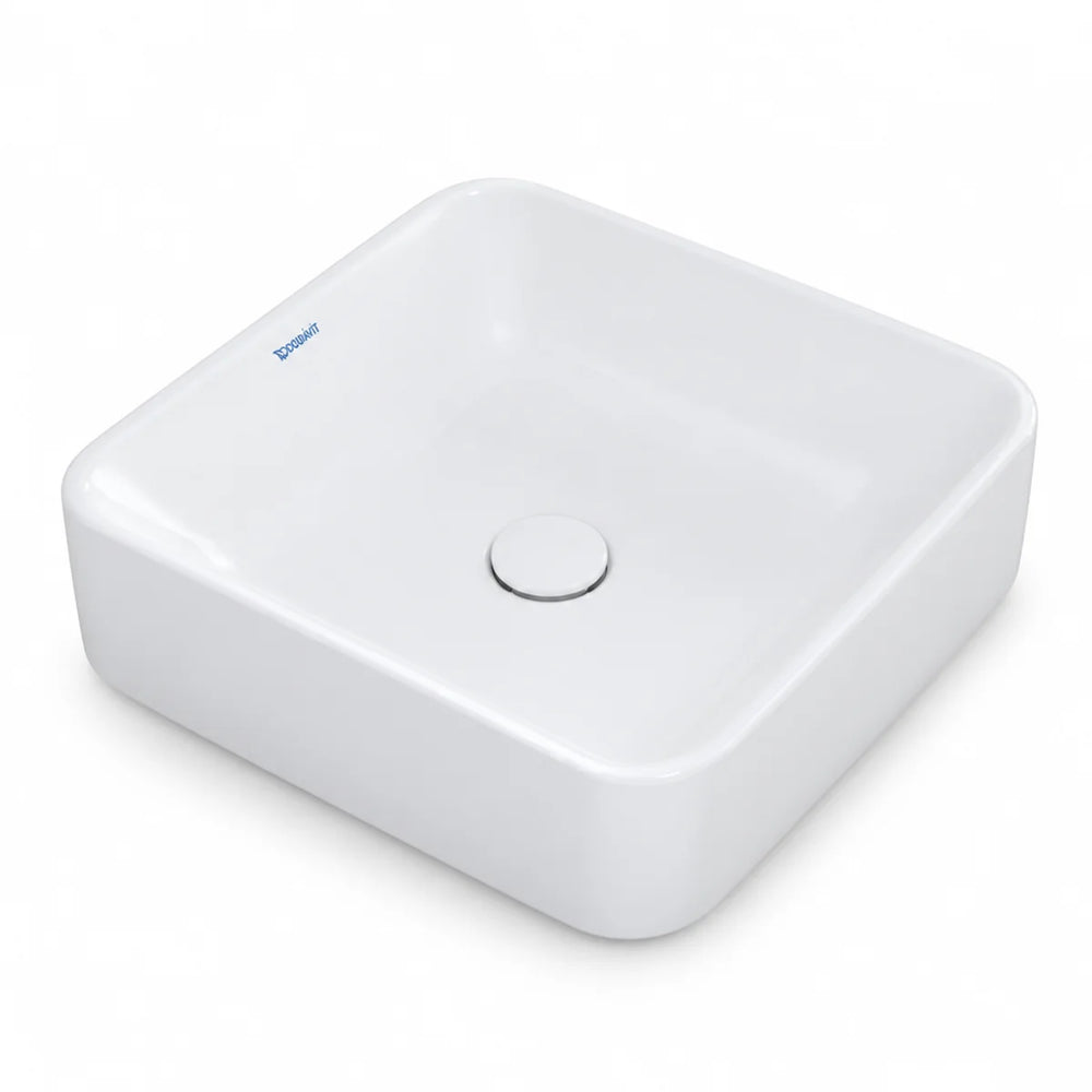 Duravit Durapoint square countertop washbowl in white, shown from a raised angle with round waste cover in the centre