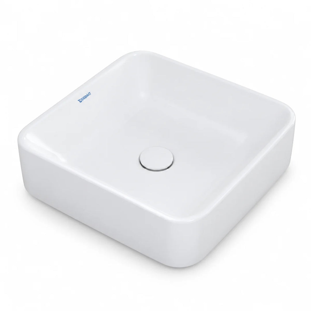 Duravit Durapoint square countertop washbowl in white, shown from a raised angle with round waste cover in the centre