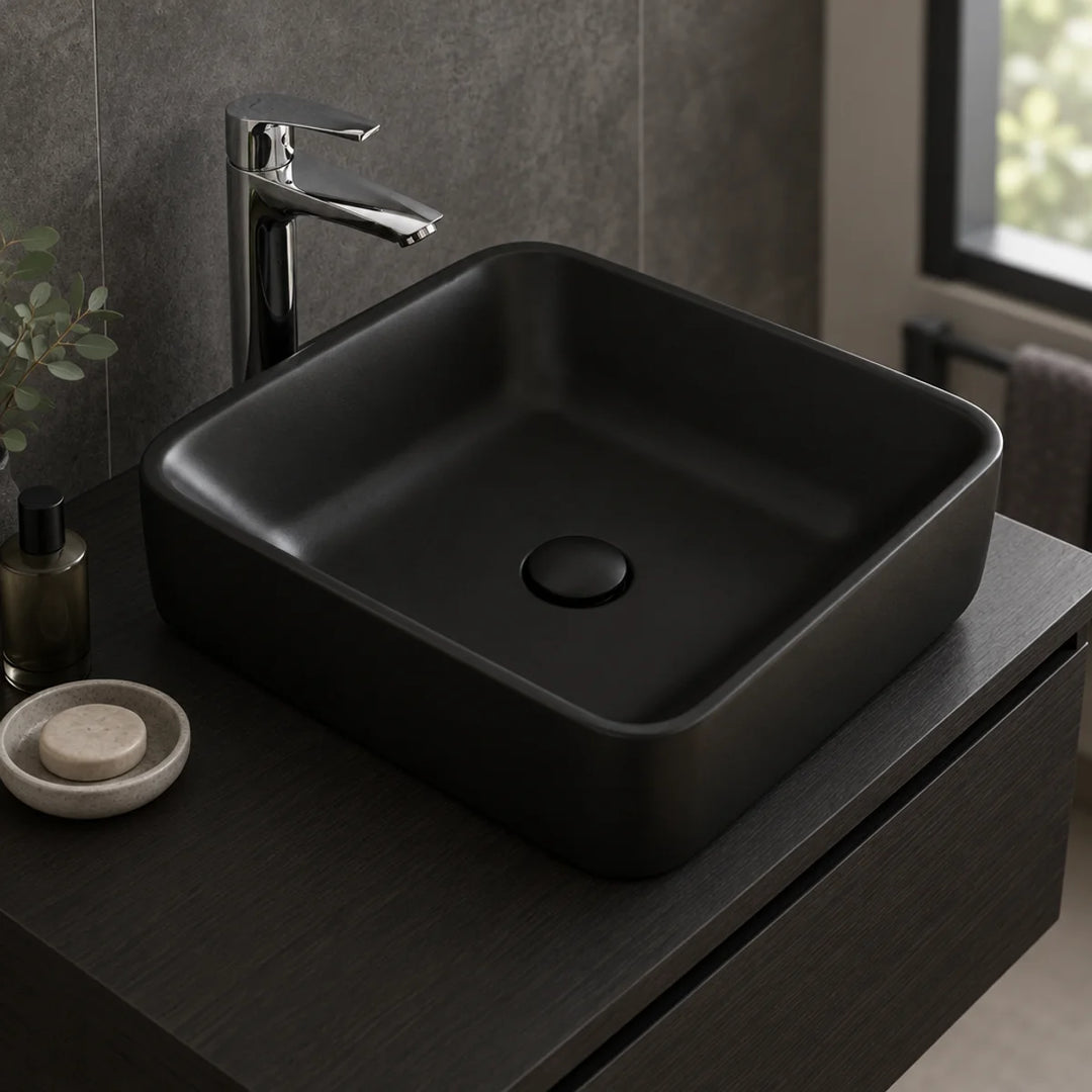 Duravit Durapoint 500mm matt black square washbowl on a dark wood vanity with a tall chrome mixer tap, soap dish and perfume bottle