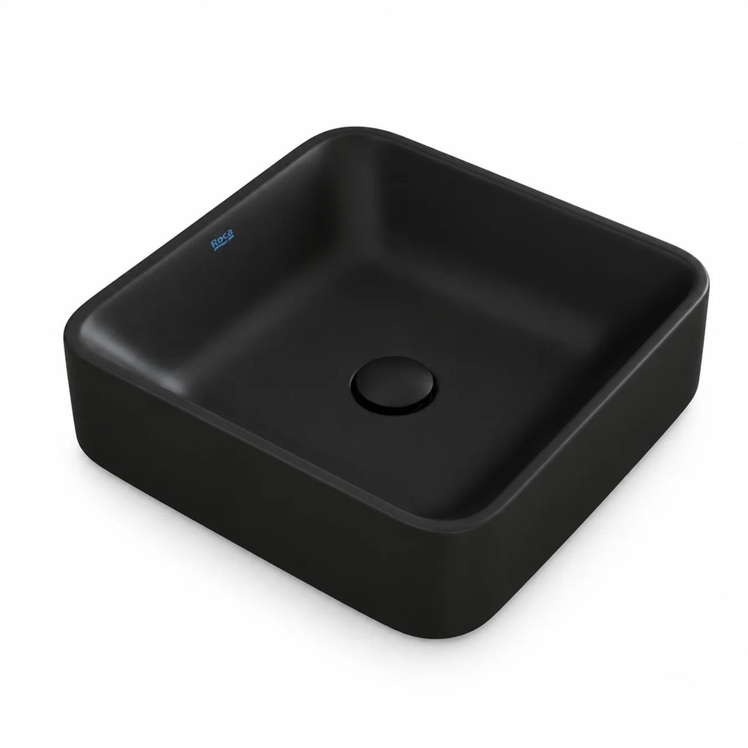 Duravit Durapoint 500mm matt black square washbowl with rounded corners and black waste, angled view from above