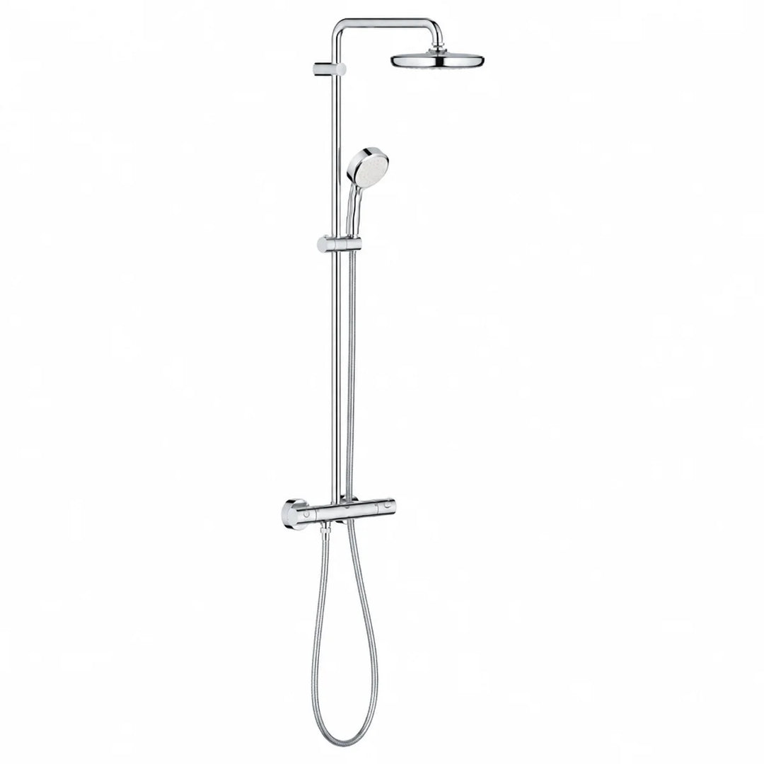 Grohe Tempesta Cosmopolitan 210 chrome thermostatic shower system, full front view showing overhead and handset