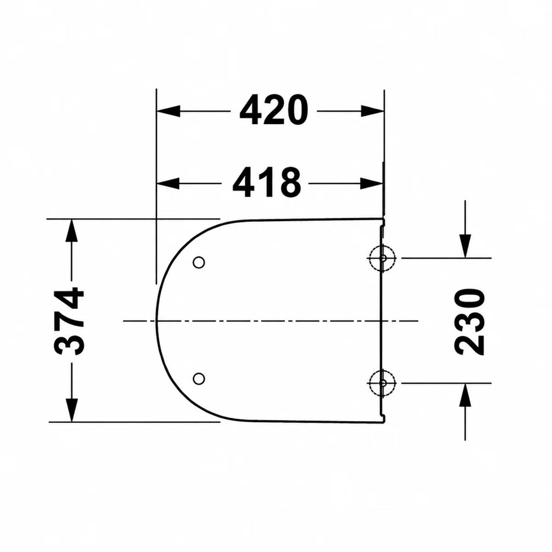 Duravit D-Code toilet seat technical line drawing showing top-view dimensions: 420mm wide, 374mm deep