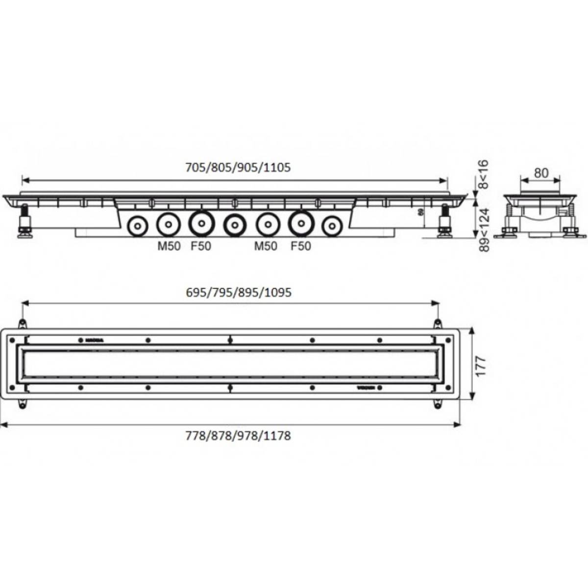 Macdee Wirquin Venisio Expert 900mm Wetroom Linear Drain - Technical drawing