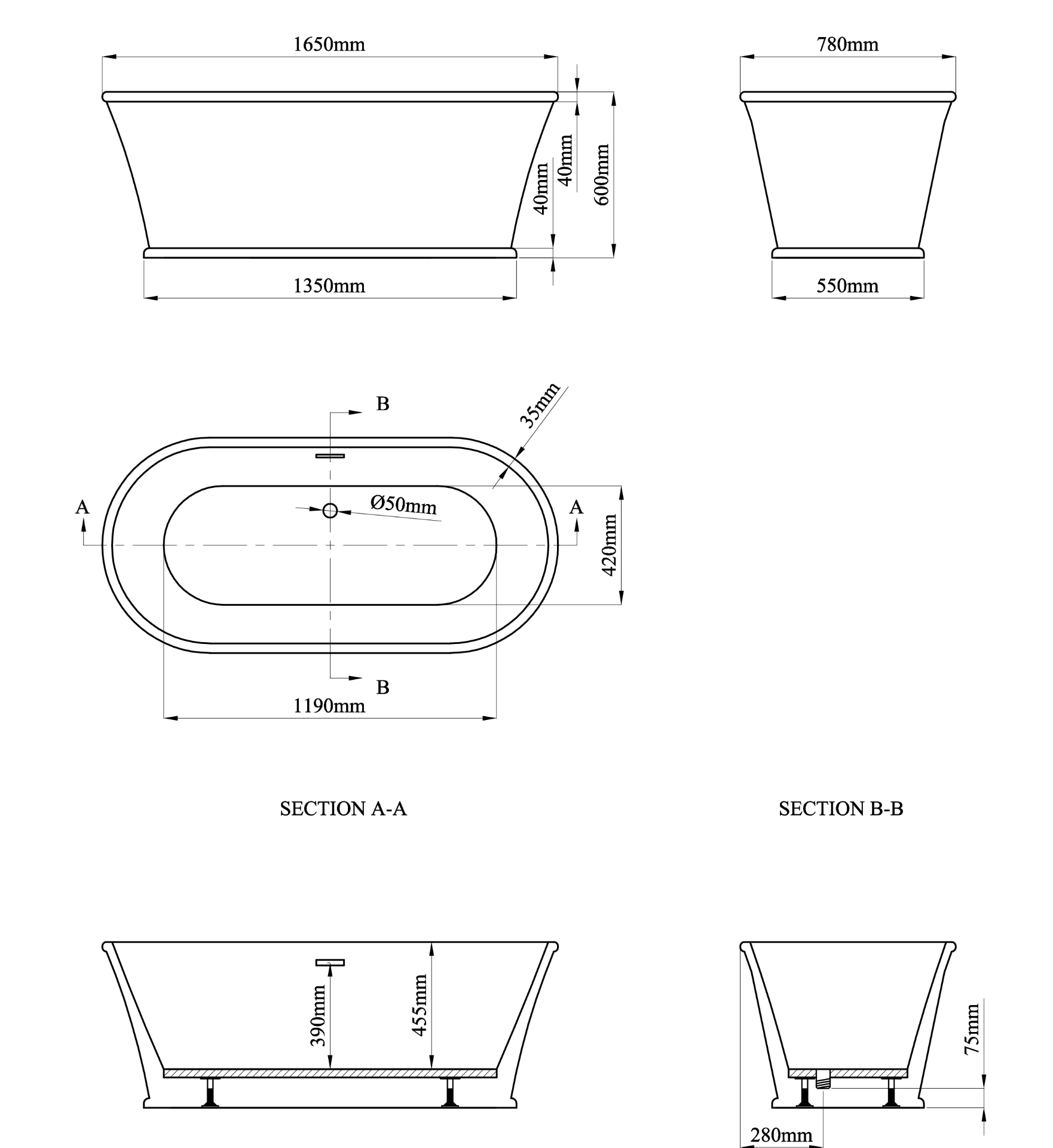 Henley 1650mm Freestanding Bath Inc Waste - White - Technical drawing