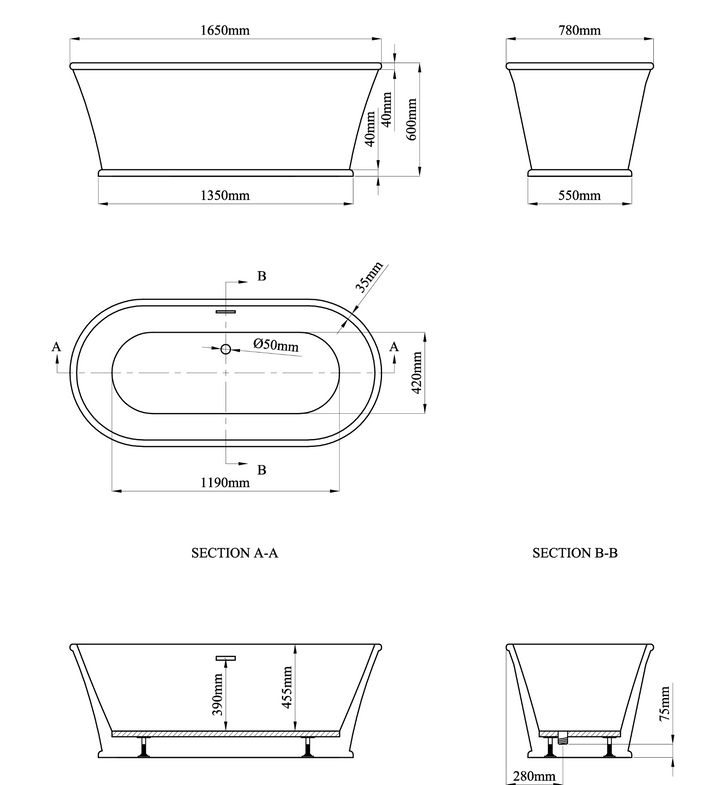 Henley 1650mm Freestanding Bath Inc Waste - White