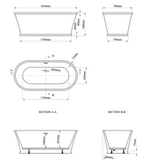 Henley 1650mm Freestanding Bath Inc Waste - White - Technical drawing
