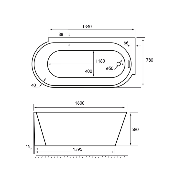Bray 1600mm Right Hand Bath inc waste
